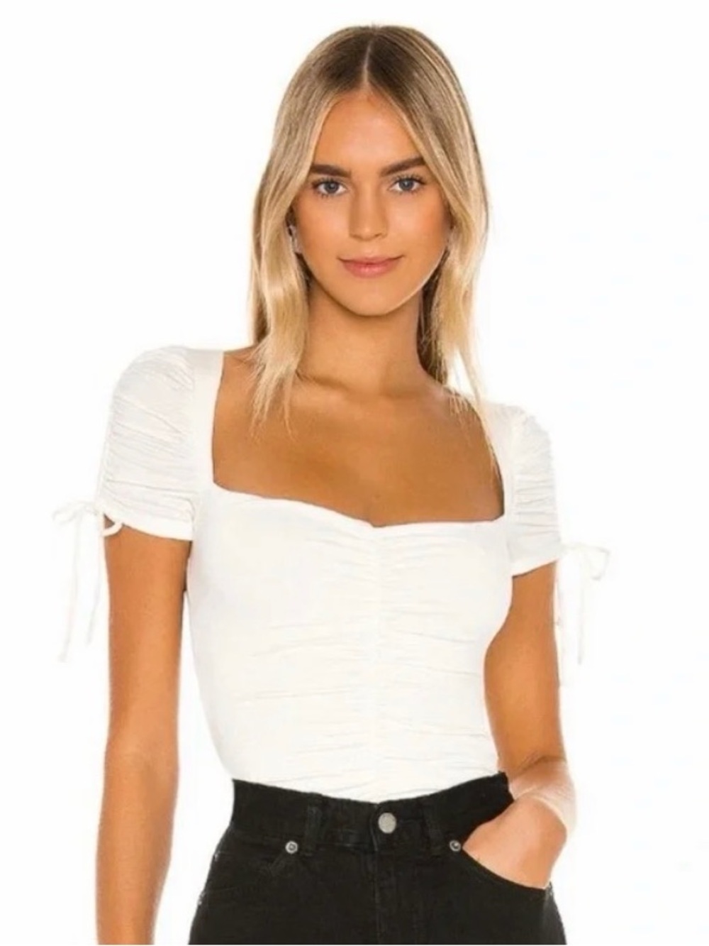 Cream Ruched Scoop-Neck Bodysuit with Tie Sleeves - Lovers + Friends